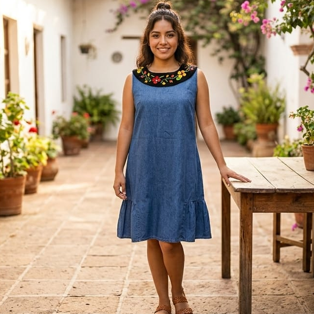 Denim dress with floral necklace